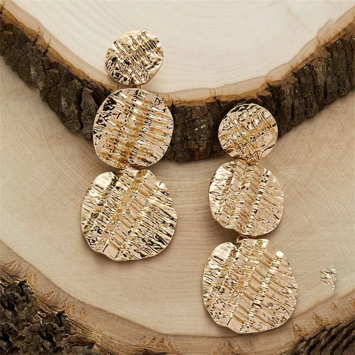 18K Gold-Plated Textured Linked Disk Drop Earrings