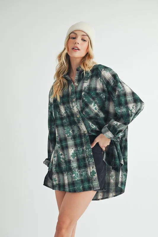 Dark Green Plaid Button Up Raglan Sleeve Flannel Shirt
